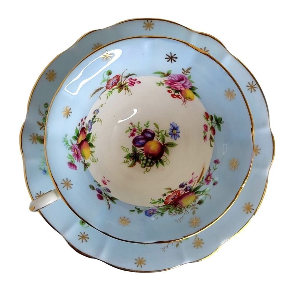 Vtg E.B Foley Beautiful Cup & Saucer Fruit Floral Sky Blue Wide Mouth Gold Rim - Picture 8 of 12